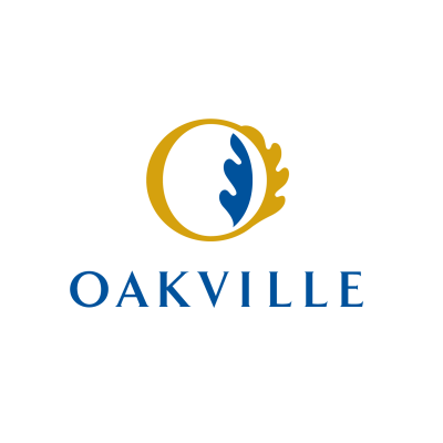 Corporate logo containing the word Oakville and a capital O with a blue leaf