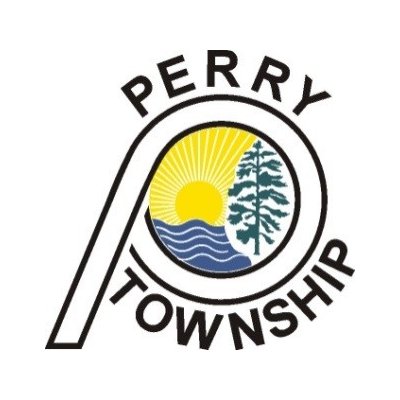 Perry Township Logo Blue Water Yellow Sunset with Pine Tree